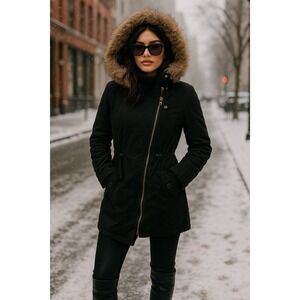 Nasty Gal Parka‎ Coat Womens XS Black Faux Fur Hood Y2K Mob Wife Winter Urban